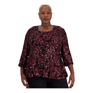 Alex Evenings Plus Sequin‎ Embroidered Jacket & Shell Twinset Black/Wine Size 2X